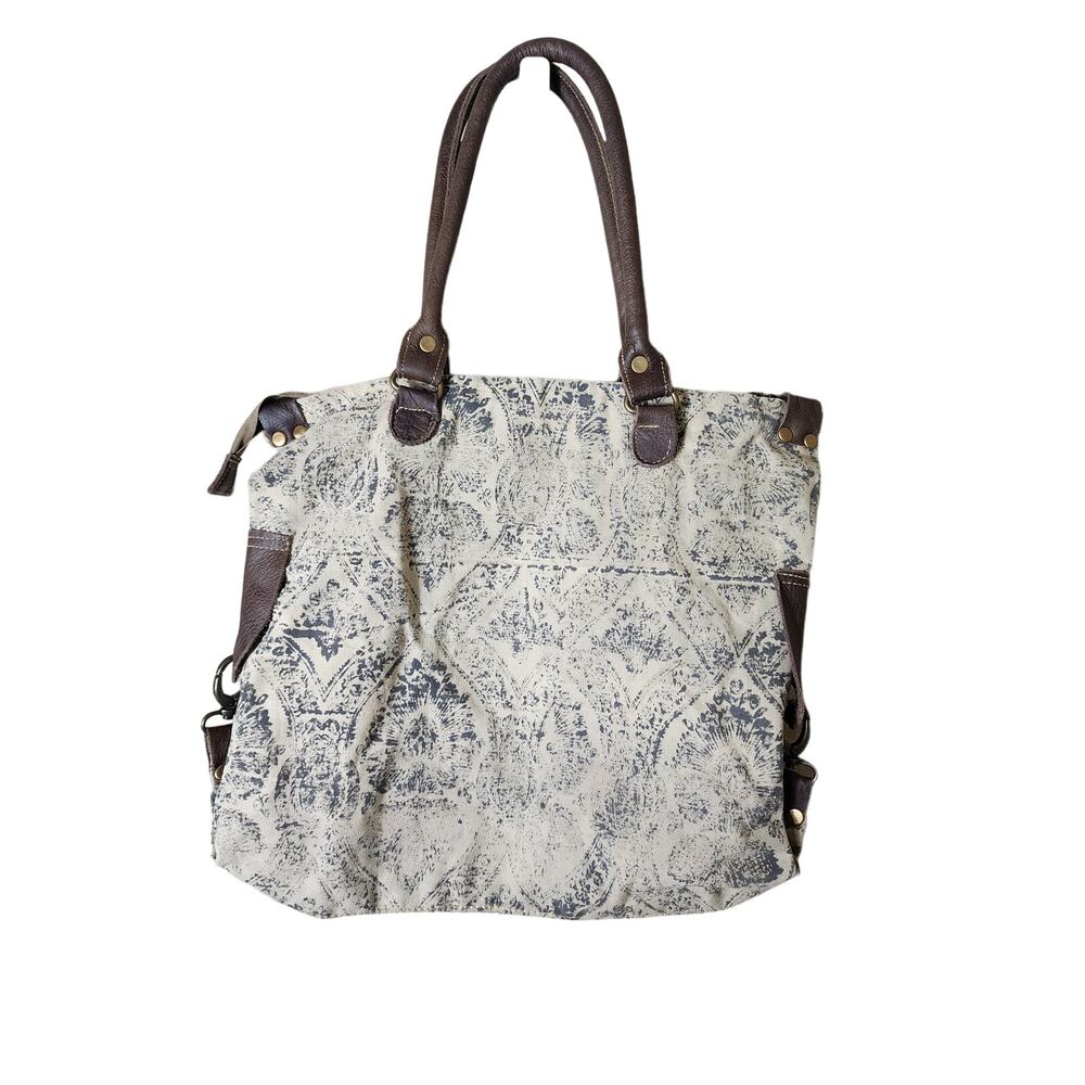 CHLOE & LEX Tan Brown Large Leather Fabric Satchel Tote Bag SZ 16x15